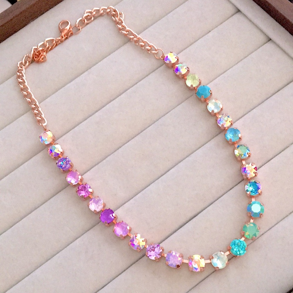 Iridescent Purple Opal + Turquoise Ombre Rose Gold Crystal Statement Necklace - Picture 11 of 14